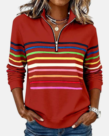 Women's striped cotton half-zip winter sweatshirt
