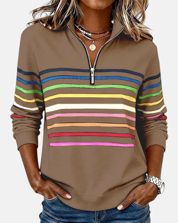 Women's striped cotton half-zip winter sweatshirt