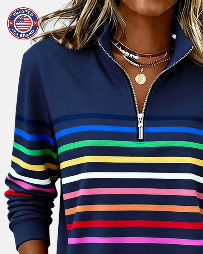 Women's striped cotton half-zip winter sweatshirt