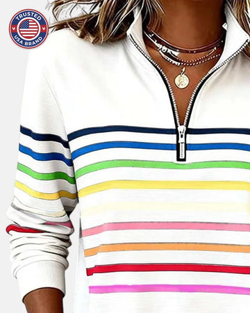 Women's striped cotton half-zip winter sweatshirt
