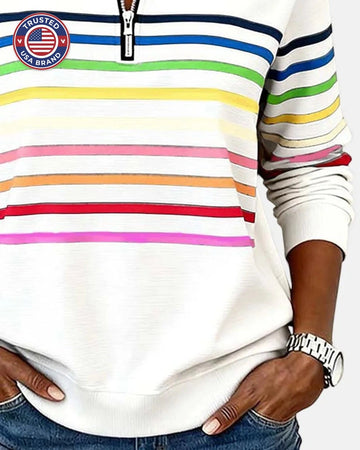 Women's striped cotton half-zip winter sweatshirt