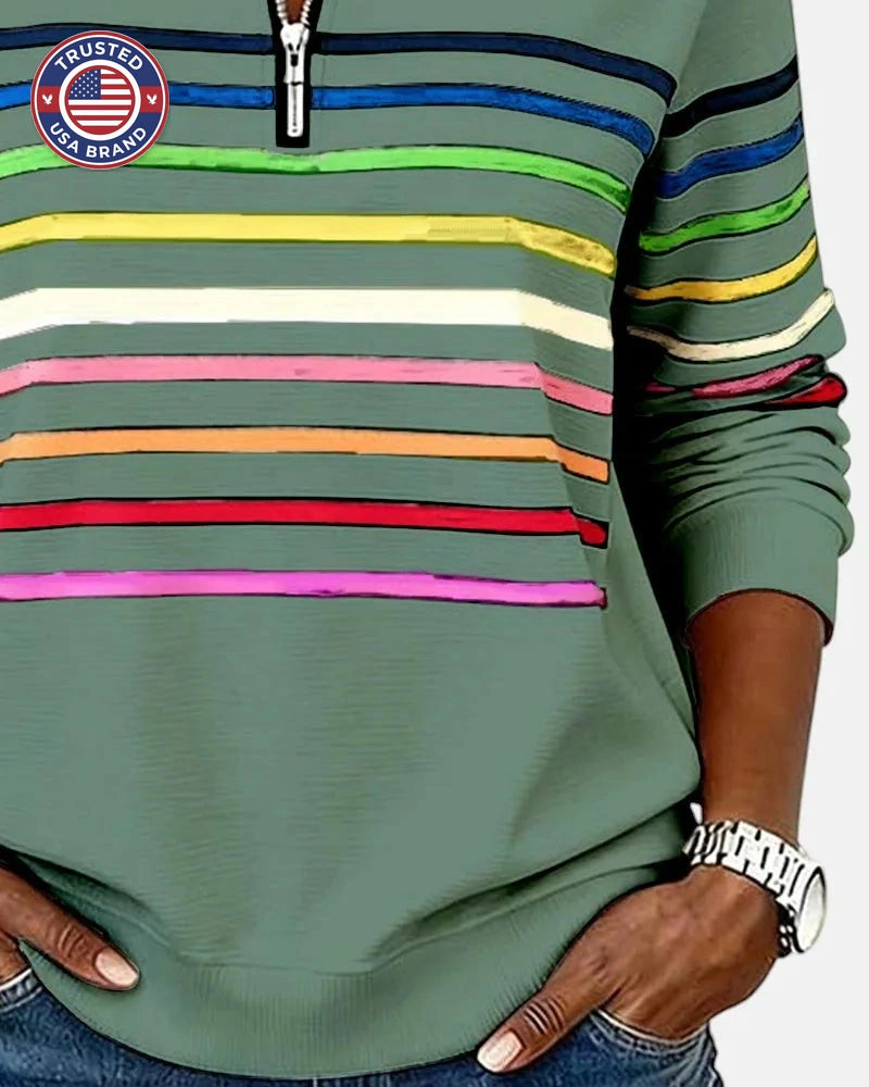 Women's striped cotton half-zip winter sweatshirt
