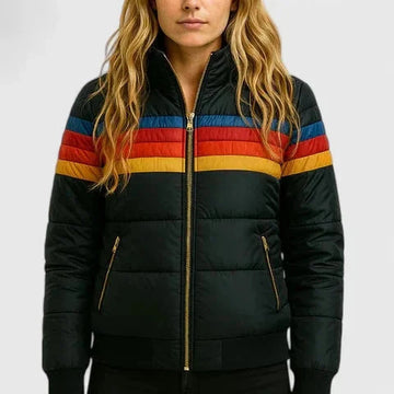 Women's striped quilted zip-up winter puffer jacket - Navy Blue