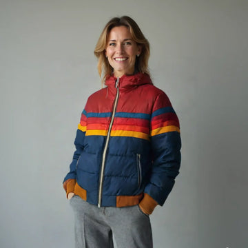 Women's striped quilted zip-up winter puffer jacket with ribbed cuffs and hem