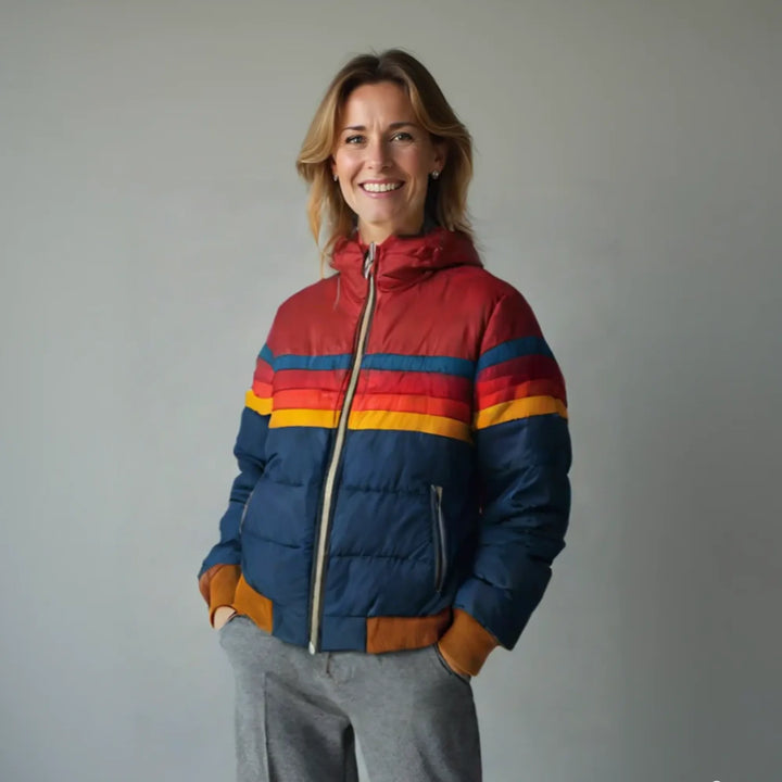 Women's striped quilted zip-up winter puffer jacket with ribbed cuffs and hem