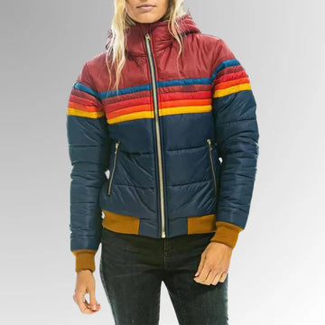 Women's striped quilted zip-up winter puffer jacket with ribbed cuffs and hem