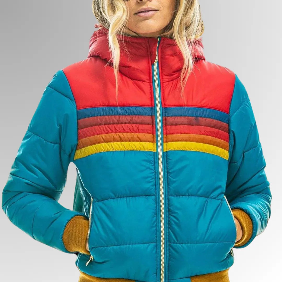 Women's striped quilted zip-up winter puffer jacket with ribbed cuffs and hem