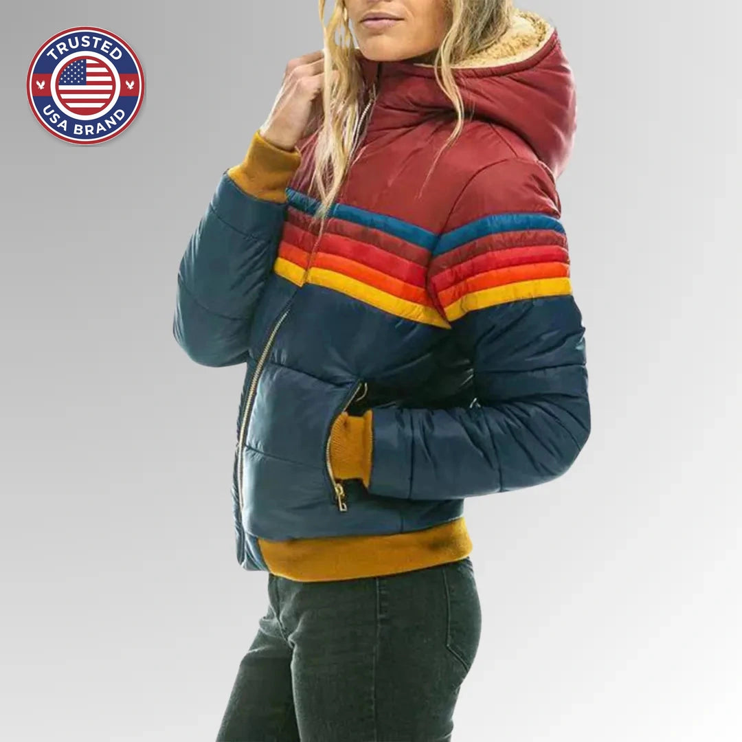 Women's striped quilted zip-up winter puffer jacket with ribbed cuffs and hem