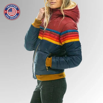 Women's striped quilted zip-up winter puffer jacket with ribbed cuffs and hem