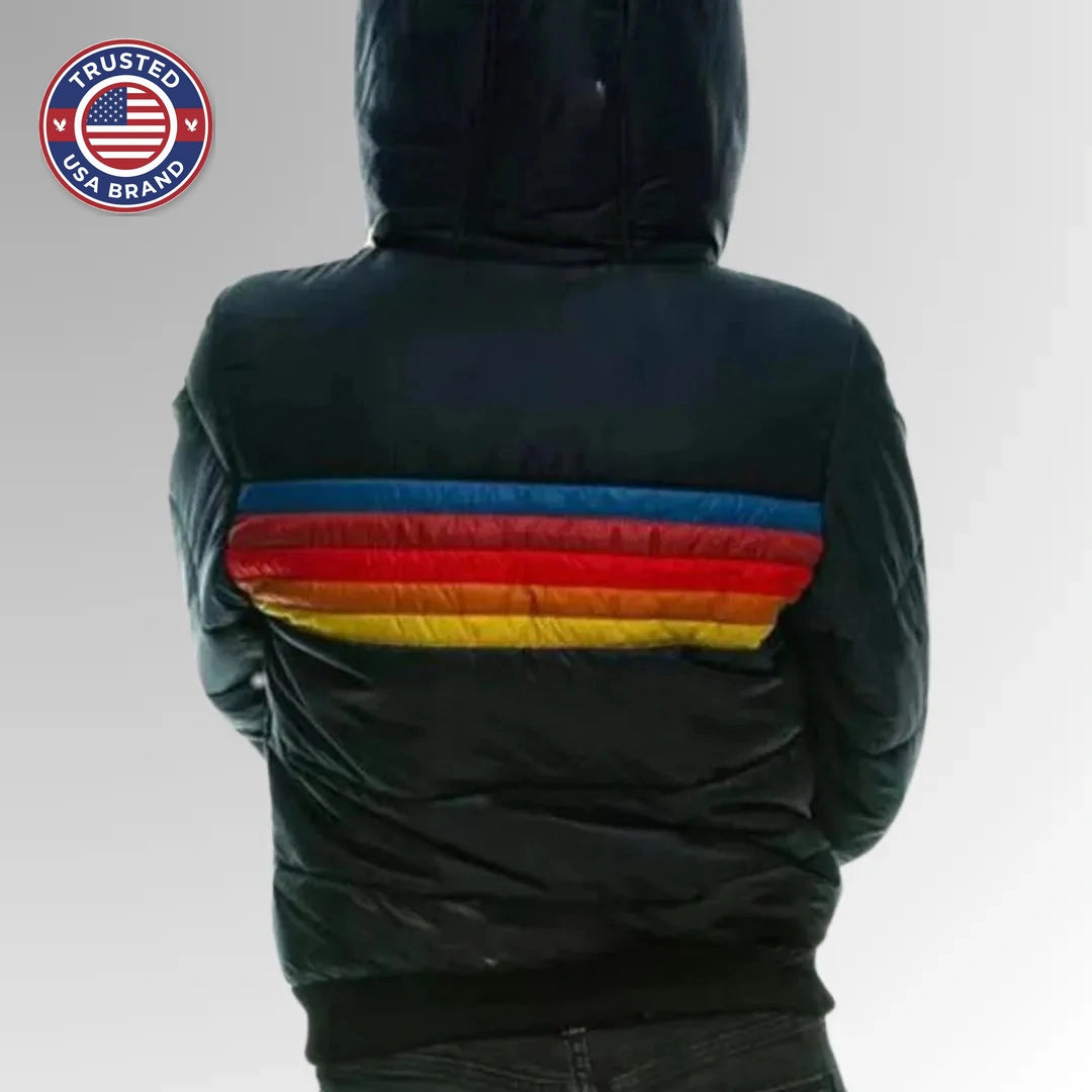 Women's striped quilted zip-up winter puffer jacket with ribbed cuffs and hem