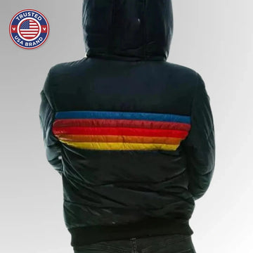 Women's striped quilted zip-up winter puffer jacket with ribbed cuffs and hem