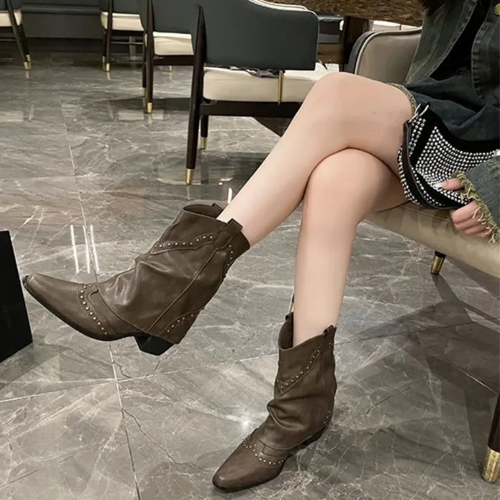 Women's studded faux leather side zip ankle winter boots
