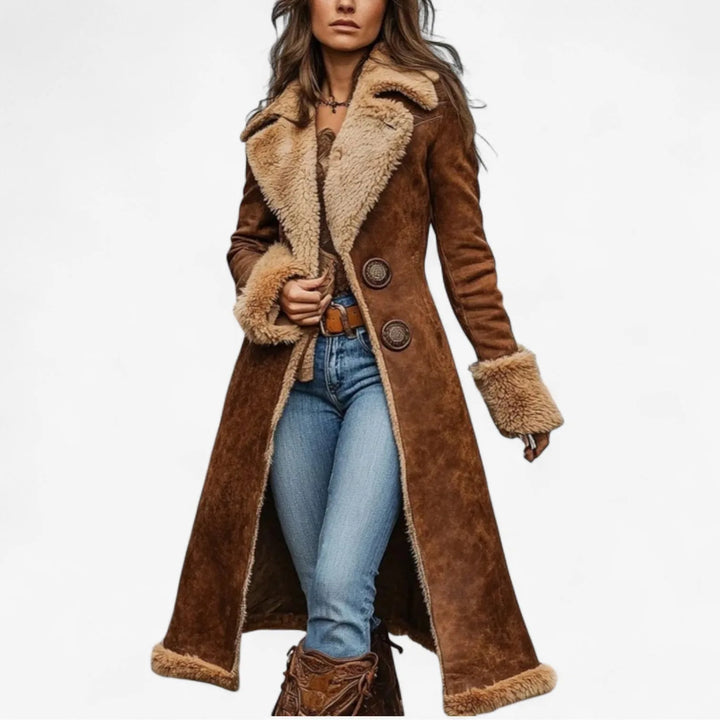 Women's suede double-breasted notch lapel winter faux fur coat with lining