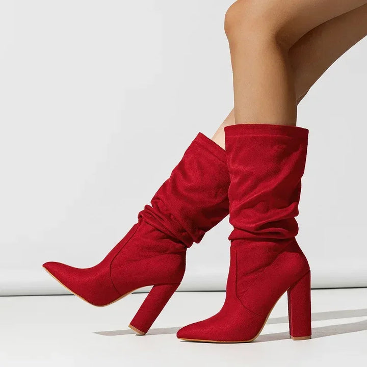 Women's suede knee high winter boots with slouchy shaft