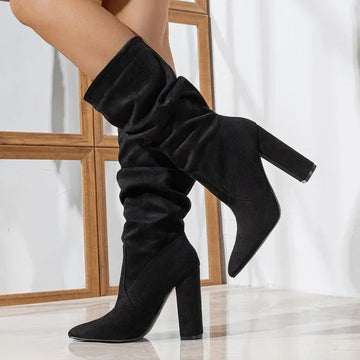 Women's suede knee high winter boots with slouchy shaft