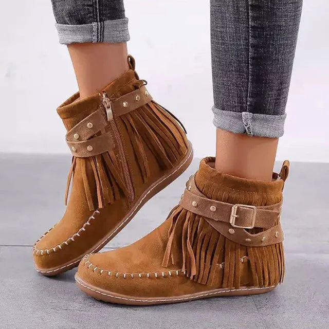 Women's suede side zip ankle winter boots with fringe