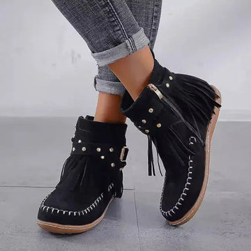 Women's suede side zip ankle winter boots with fringe