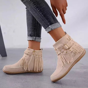 Women's suede side zip ankle winter boots with fringe