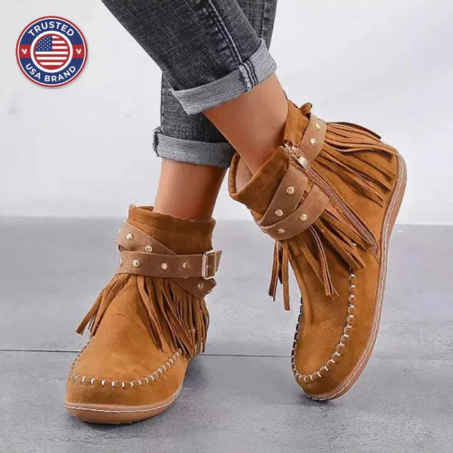 Women's suede side zip ankle winter boots with fringe