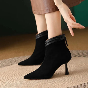 Women's suede side zip ankle winter boots with pointed toe