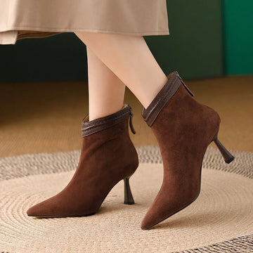 Women's suede side zip ankle winter boots with pointed toe