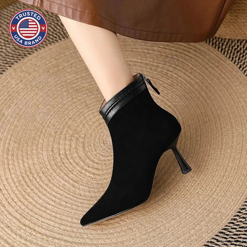 Women's suede side zip ankle winter boots with pointed toe