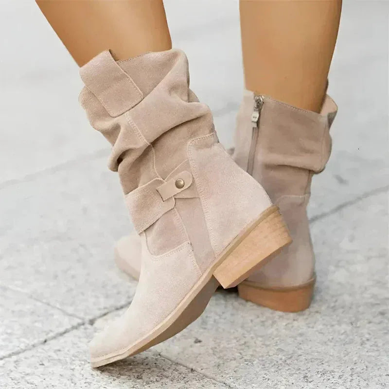 Women's suede side zip ankle winter boots with slouchy shaft