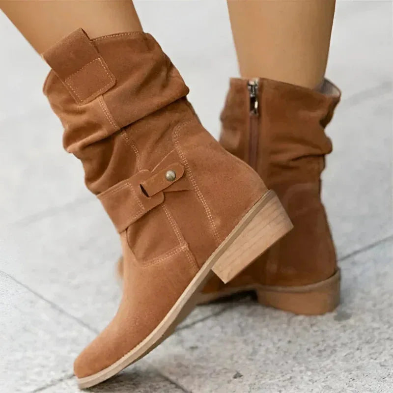 Women's suede side zip ankle winter boots with slouchy shaft