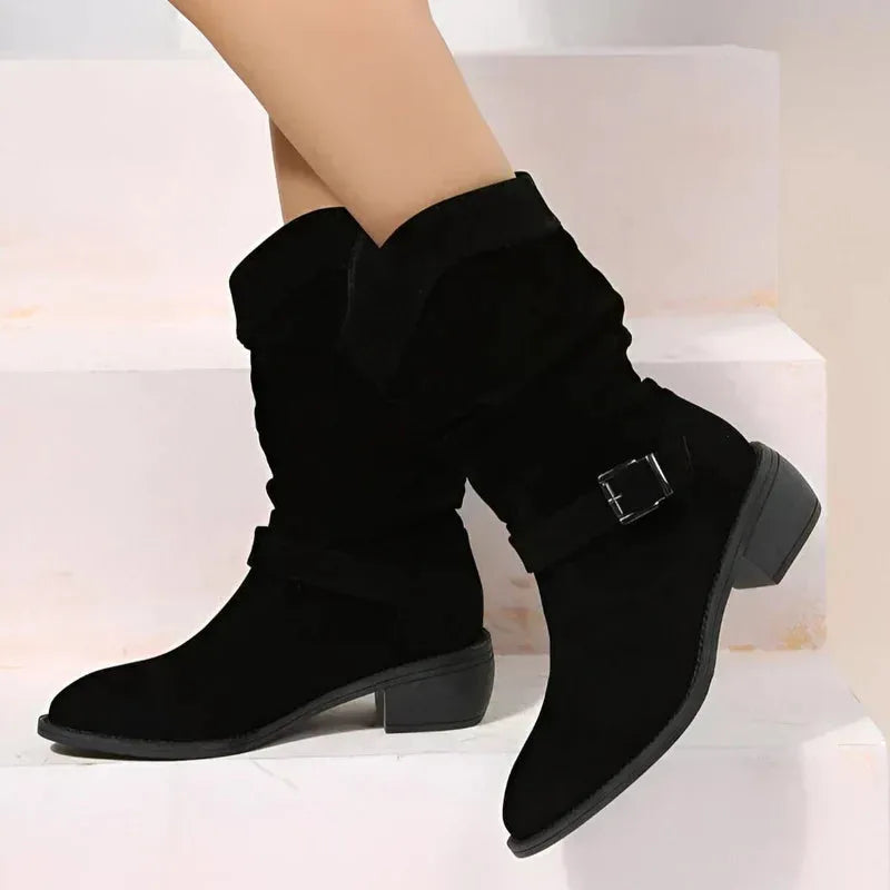 Women's suede side zip ankle winter boots with slouchy shaft