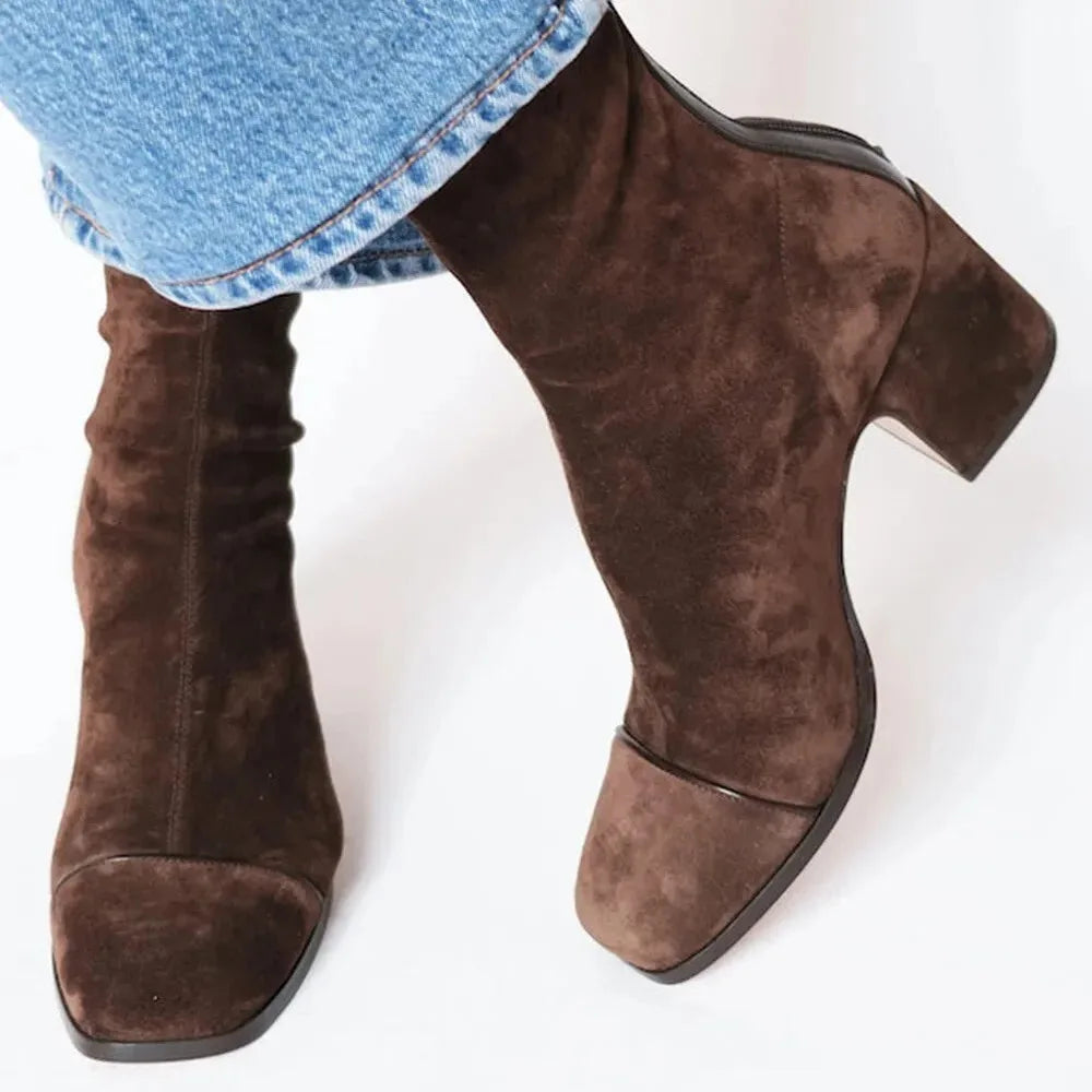 Women's suede side zip ankle winter boots with square toe and block heel
