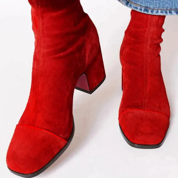 Women's suede side zip ankle winter boots with square toe and block heel
