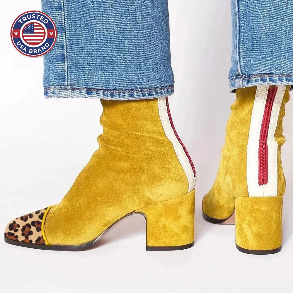 Women's suede side zip ankle winter boots with square toe and block heel