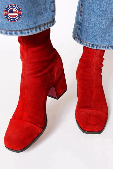 Women's suede side zip ankle winter boots with square toe and block heel