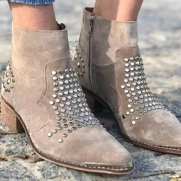 Women's suede side zip ankle winter boots with studded upper