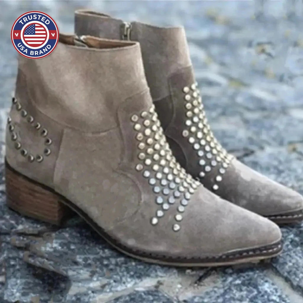 Women's suede side zip ankle winter boots with studded upper