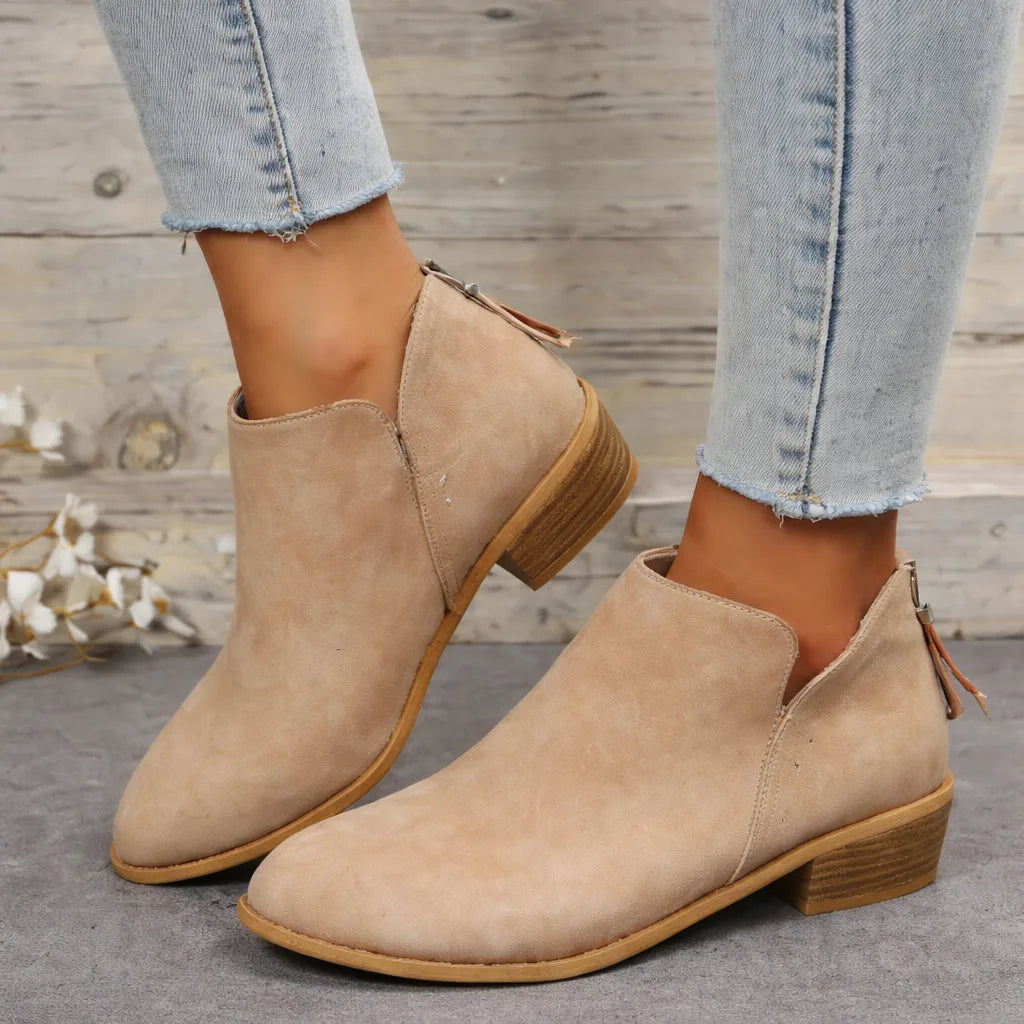 Women's suede side zip ankle winter boots with v-cut topline