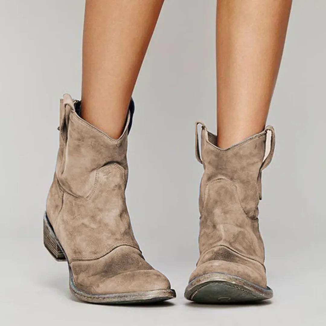 Women's suede side zip ankle winter boots with v-cut topline and pull tabs