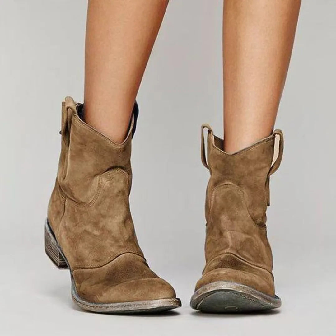 Women's suede side zip ankle winter boots with v-cut topline and pull tabs