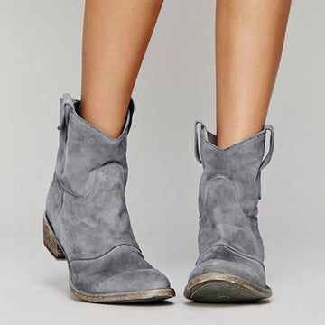 Women's suede side zip ankle winter boots with v-cut topline and pull tabs