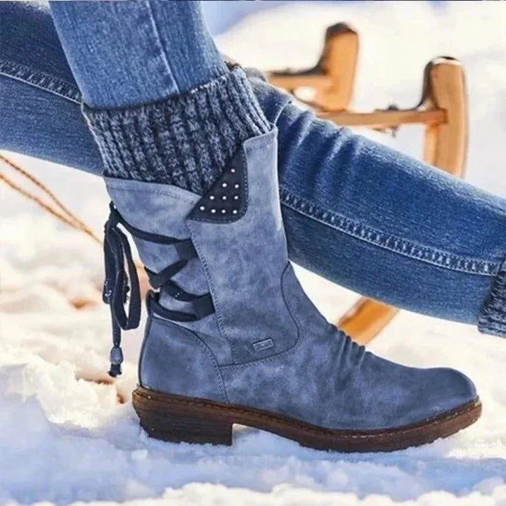 Women's suede side zip heeled winter boots with lace-up back