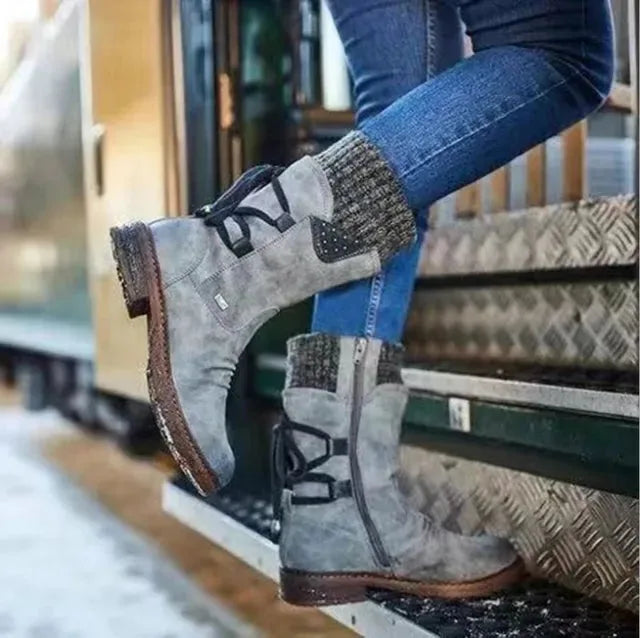 Women's suede side zip heeled winter boots with lace-up back