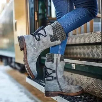 Women's suede side zip heeled winter boots with lace-up back