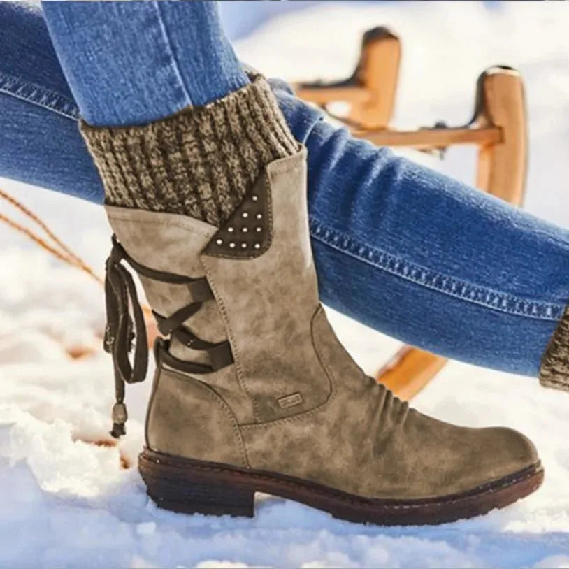 Women's suede side zip heeled winter boots with lace-up back
