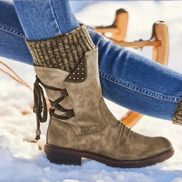 Women's suede side zip heeled winter boots with lace-up back