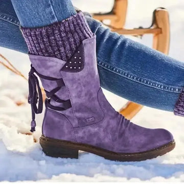 Women's suede side zip heeled winter boots with lace-up back