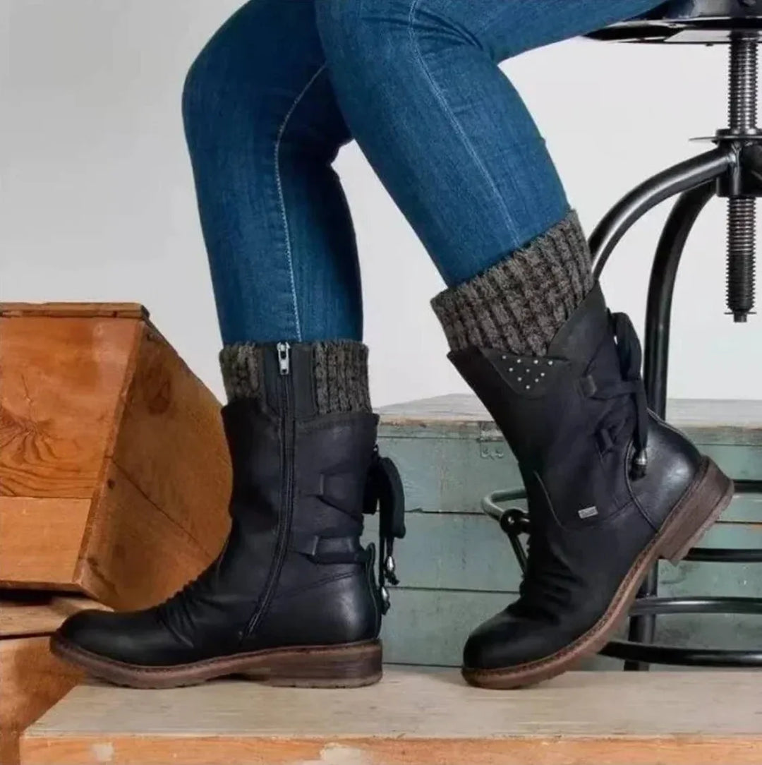Women's suede side zip heeled winter boots with lace-up back