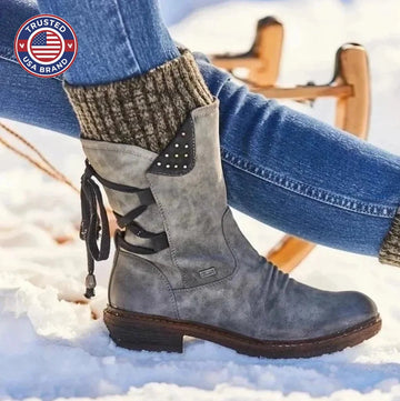 Women's suede side zip heeled winter boots with lace-up back