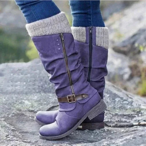 Women's suede side zip knee high winter boots with knit cuff