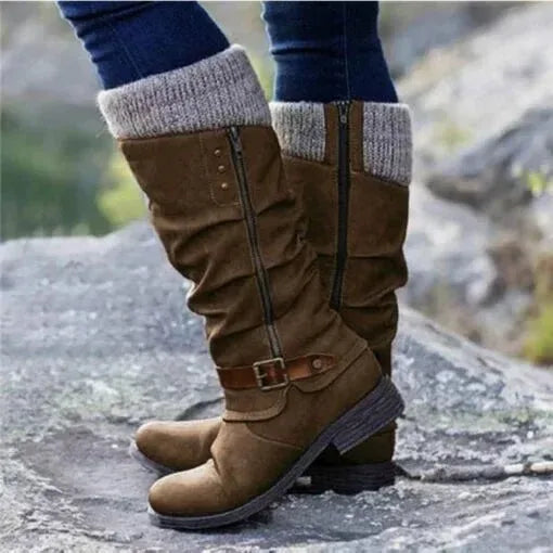Women's suede side zip knee high winter boots with knit cuff