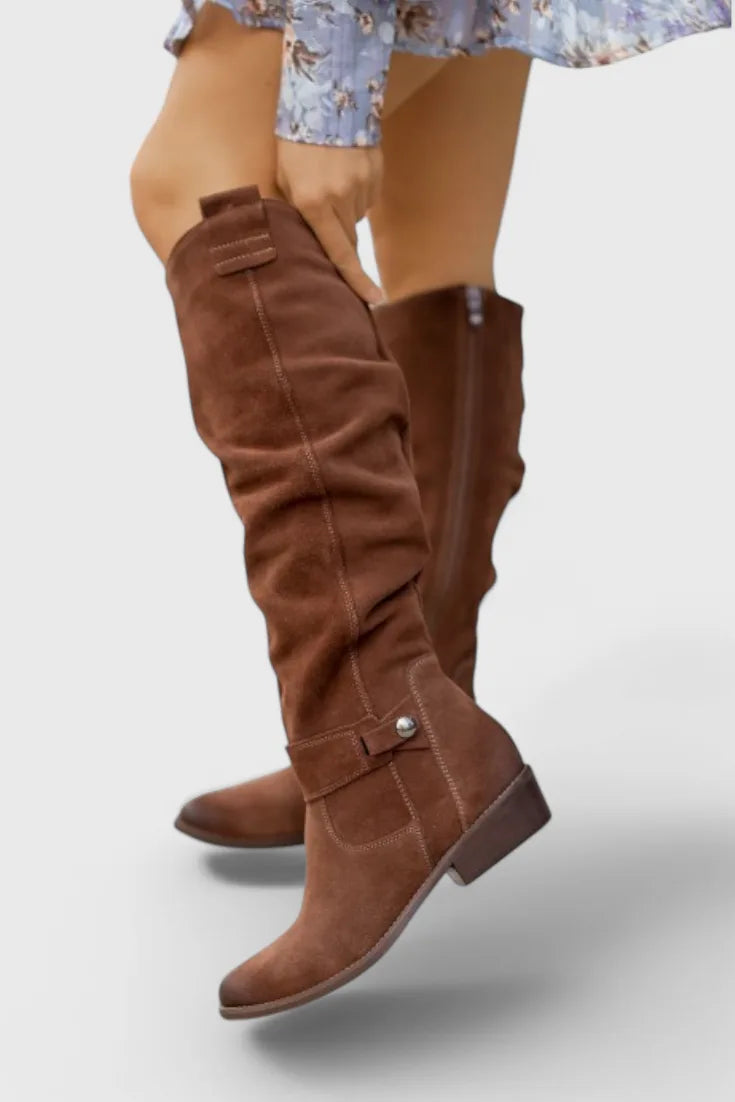 Women's suede side zip knee high winter boots with slouchy shaft and buckle